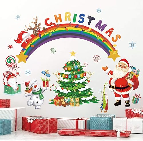 Miniatura 3 de wondever Calcomanías de pared de arco iris de Navidad, árbol de Navidad, Papá Noel, muñeco de nieve, Navidad, ventana, decoración de pared para
