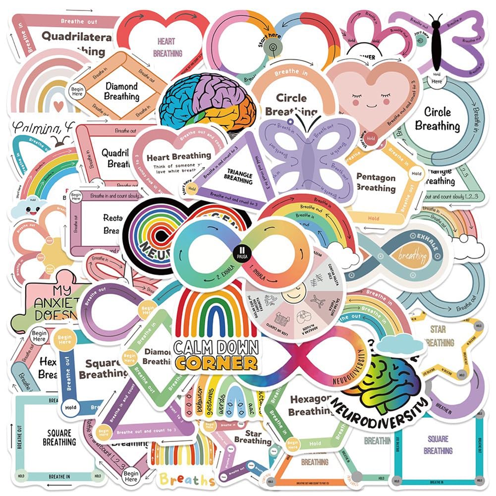 Breath Calm Anxiety Sensory Stickers |50Pcs Calming Strips Waterproof Vinyl Decals for Water Bottles Laptop Luggage Cup Computer Mobile Phone Skateboard Guitar