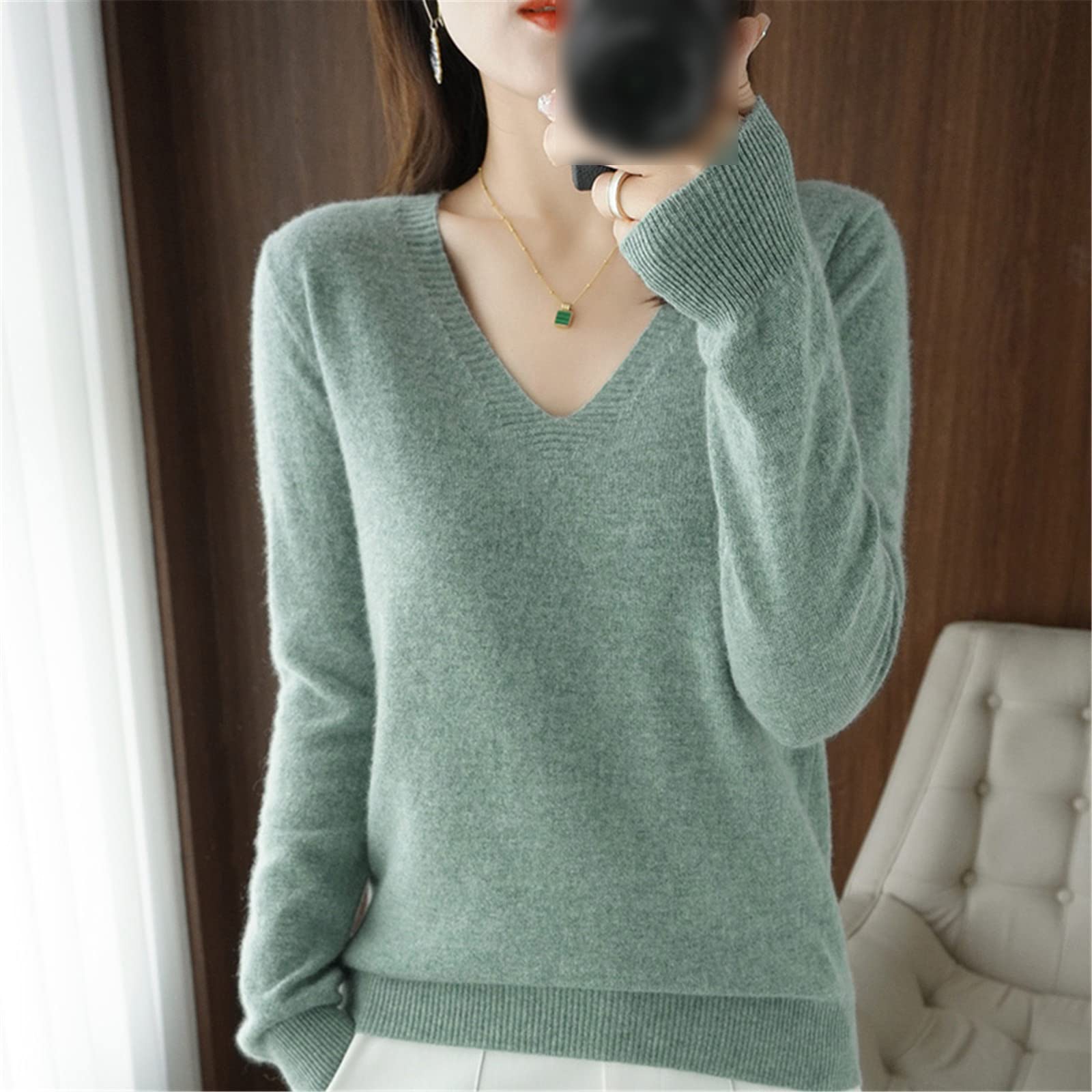 Suéter de mujer para otoño e invierno, de cachemira, cuello en V, casual, suave, delgado, básico, suéter