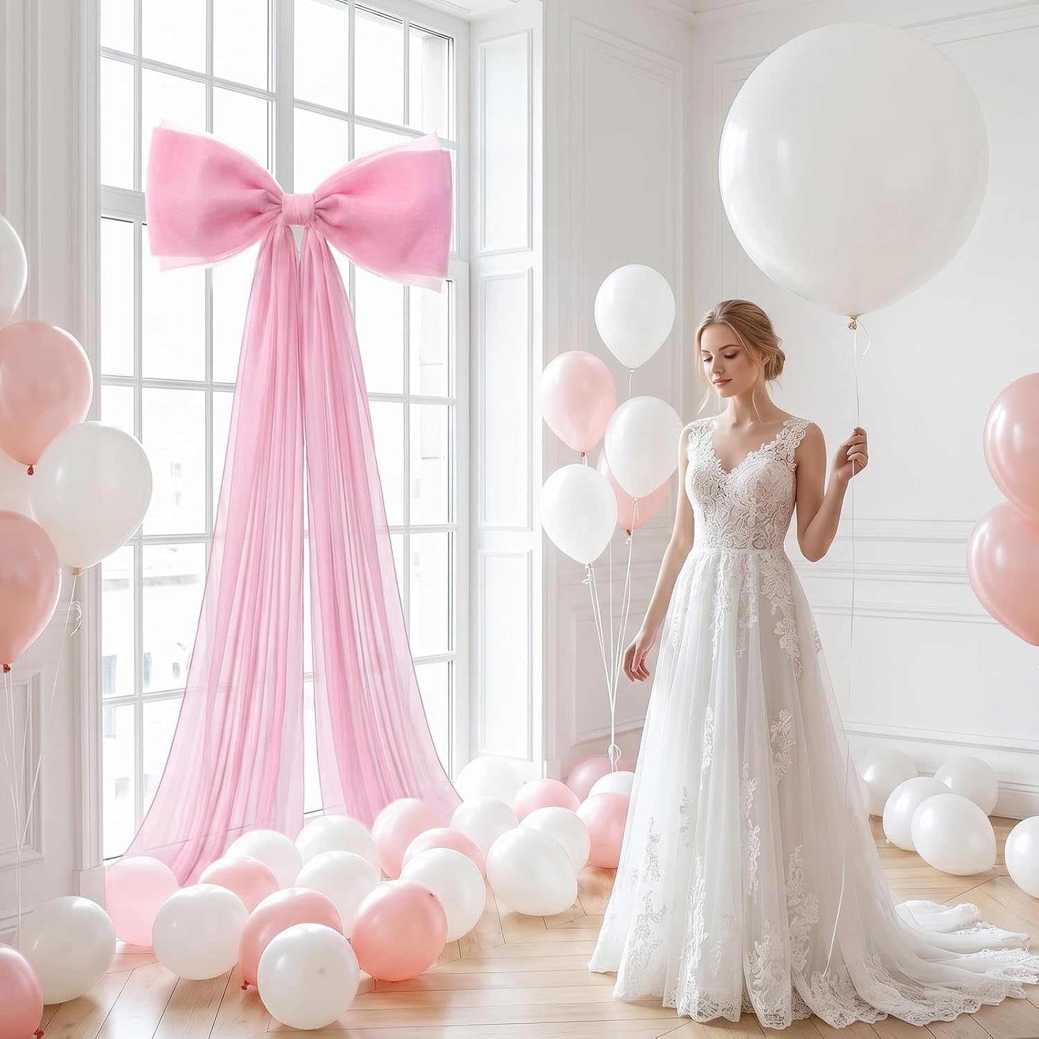39x70 Inch Extra Large Pink Bow Decorations, Giant Tulle Bow for Wedding Backdrop, Big Coquette Room Wall Decor, Bridal Shower Baby Birthday Party Arch Supplies (Pink) image 3