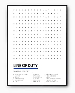 Line of Duty Poster TV Wordsearch Art Print | A3 A4 Framed or Unframed - Perfect Gift Idea (A3, Framed)