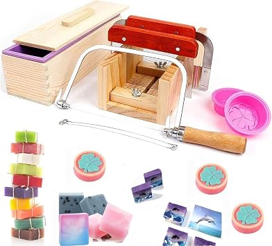 Hard Pine Adjustable Wood Soap Cutter Slicer Box Set - Art Craft Soap Making Loaf Mold Wire Cutter with Handmade Silicone Soap Loaf Mould and 3 Pcs Straight Soap Cutter Supplies #1