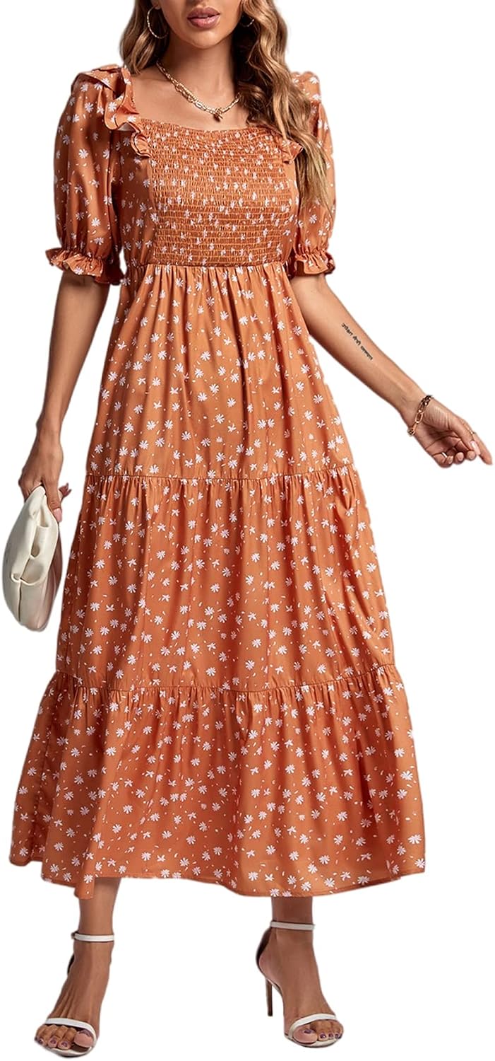 Rooscier Women's Floral Print Ruffle Shirred Swing Puff Short Sleeve Elegant Maxi Dress size medium