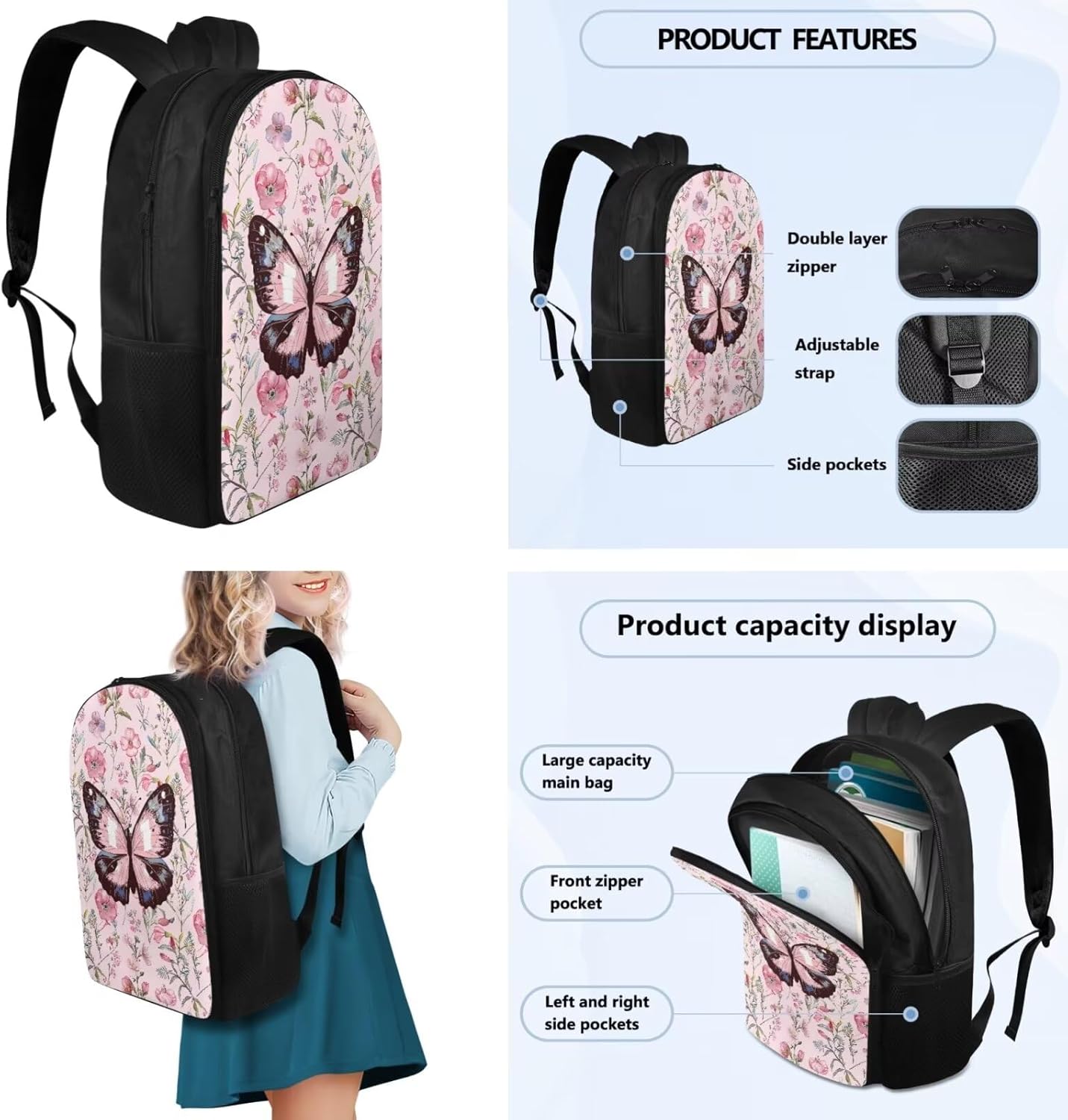 Flashideas Cute Butterfly Kids Backpack Set 4Pcs Backpack for School Girls with Lunch Box Pencil Case and 2Pcs Bookmark Toddler Bookbag Casual Daypack for Elementary Primary Middle School Bookbag