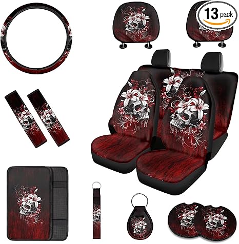 Bloody Hibiscus Skull Car Seat Cover Full Set of 13, with Front & Rear Seats, Seat Belt Covers, Armrest Covers, Keychains, Coasters, Universal Fit for SUV Trucks Sedan