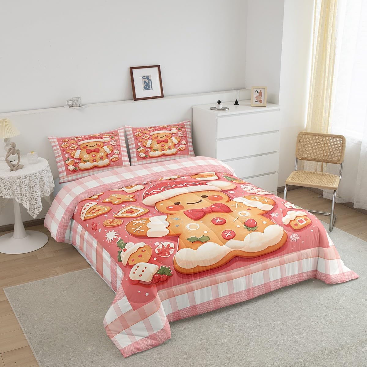 Manfei Gingerbread Man Bedding Set King Size,Kawaii Bow Hat Pink Grid Comforter Set for Kids Boys Teens Adult Room,Merry Christmas Down Comforter Soft Quilt with 2 Pillow Cases