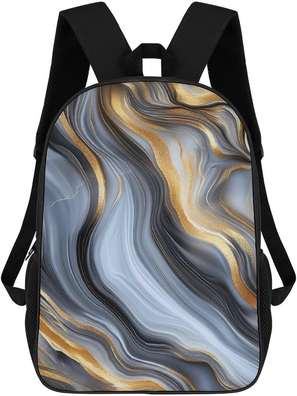 Gold And Black Agate Print Travel Backpack 17 Inch Casual Daypack Shoulder Bag with Adjustable Shoulder Straps