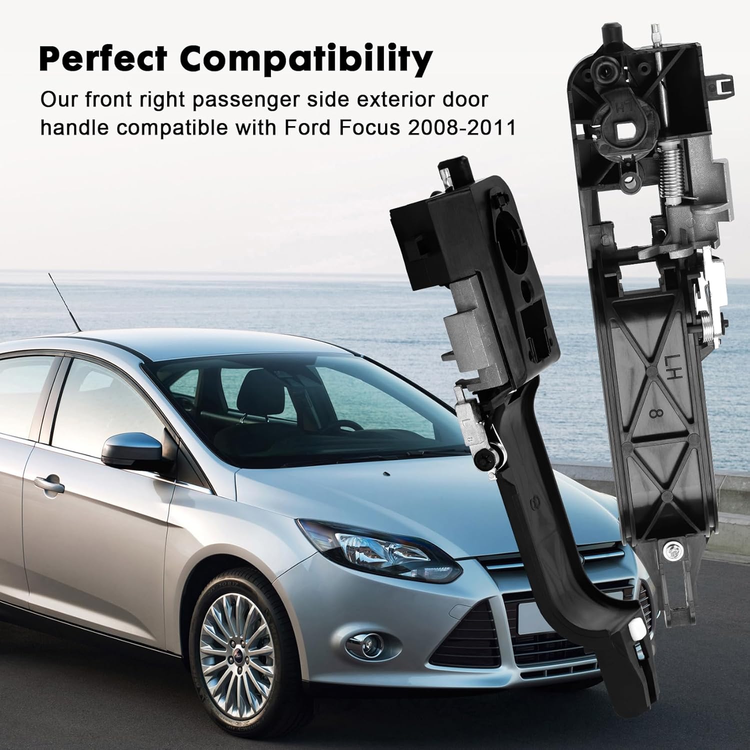 SHACHAR Exterior Door Handle Kit, Front Left Driver Side 8S4Z-5422404-AA Compatible with Ford Focus 2008-2011, Cap w/Keyhole 8S4Z-54218A14-AA, Bracket 8S4Z-5426685-B Matte Black