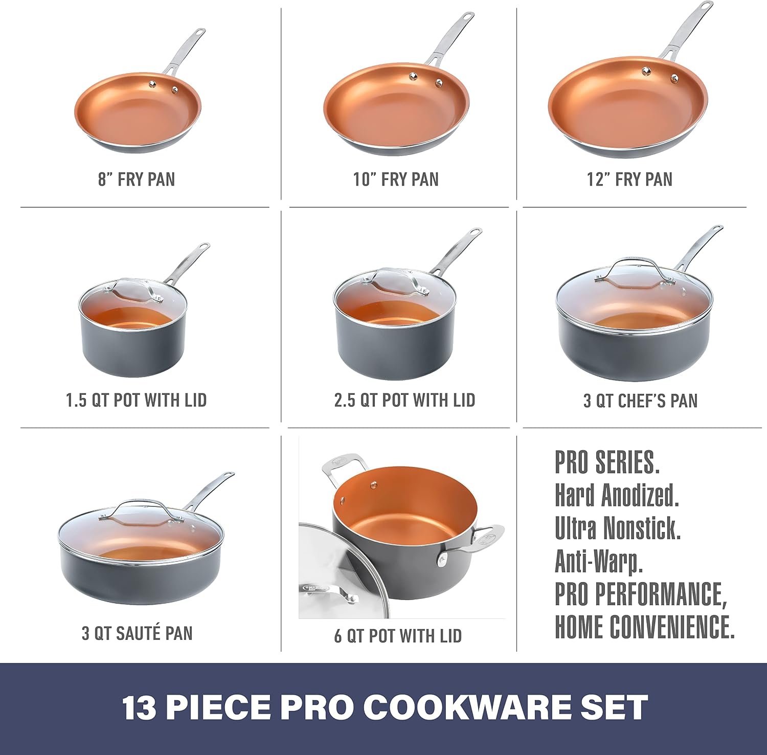 Gotham Steel Pro Pots and Pans Set Nonstick, 13 Pc Hard Anodized Kitchen Cookware Set, Induction Cookware Set, Long Lasting Nonstick, Ceramic Coated, Stay Cool Handles Dishwasher Safe, 100% Toxin Free