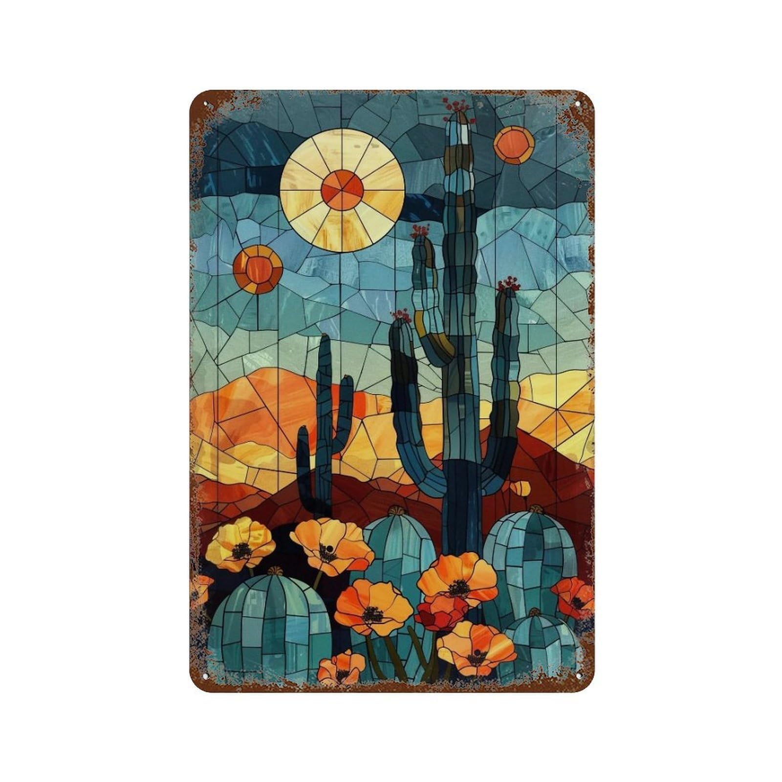 WIHYRTUI Stained Glass Mosaic Teal Desert Cactus Orange Bloom Vista 02 Wall Retro Iron Metal Tin Sign Vintage Art Poster Modern Home Cofffee Club Art Bar Shop Decor Style 30x20cm