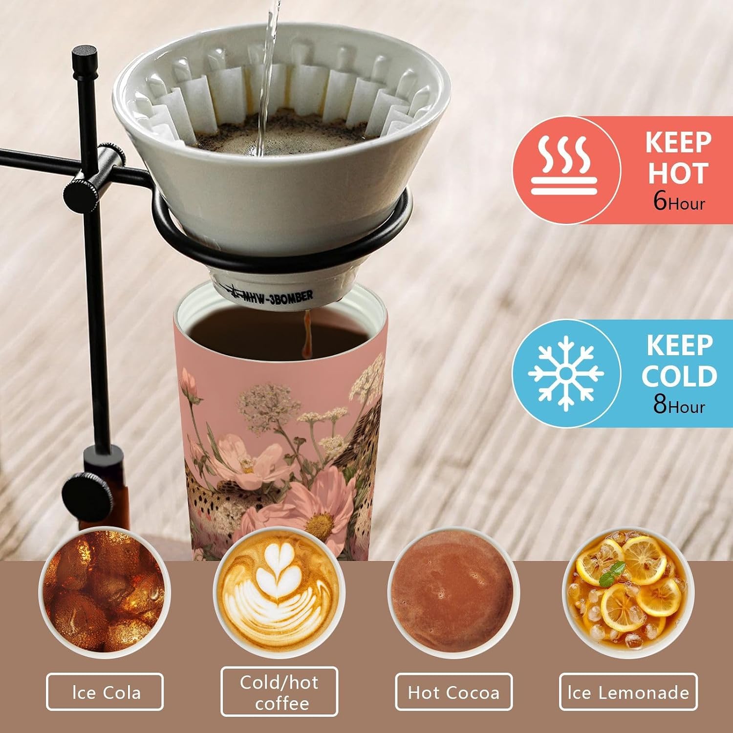 Trout Floral Art Insulated Coffee Mug with Straw & Flip Lid, 16.9oz Iced Tumbler Cup, Double Wall Vacuum Leak-Proof Mug for Travel Office