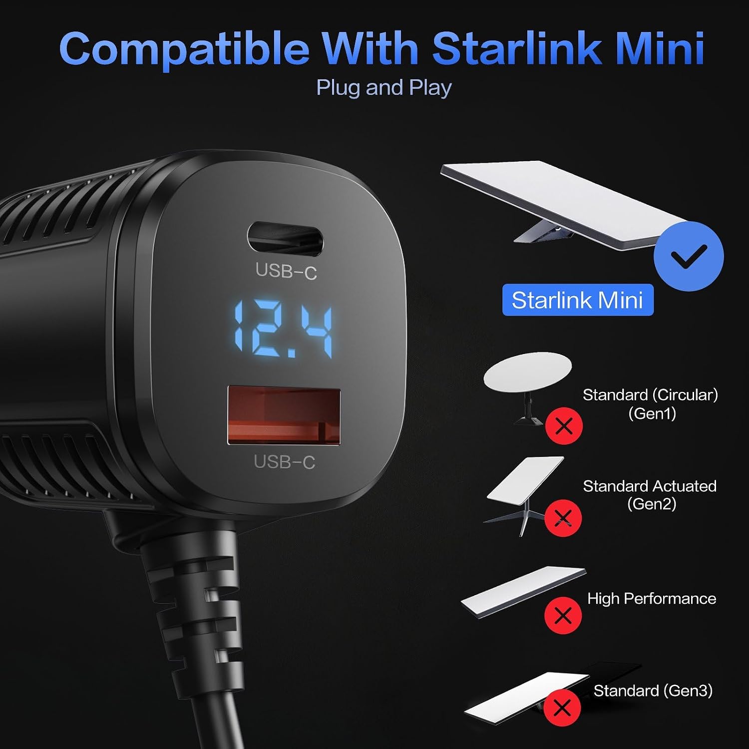 Starlink Mini 3-in-1 Car Charger Power Cable 10FT 12V-48V DC | Cigarette Lighter Adapter, USB-C PD & USB-A QC Ports, Digital Display, Plug & Play