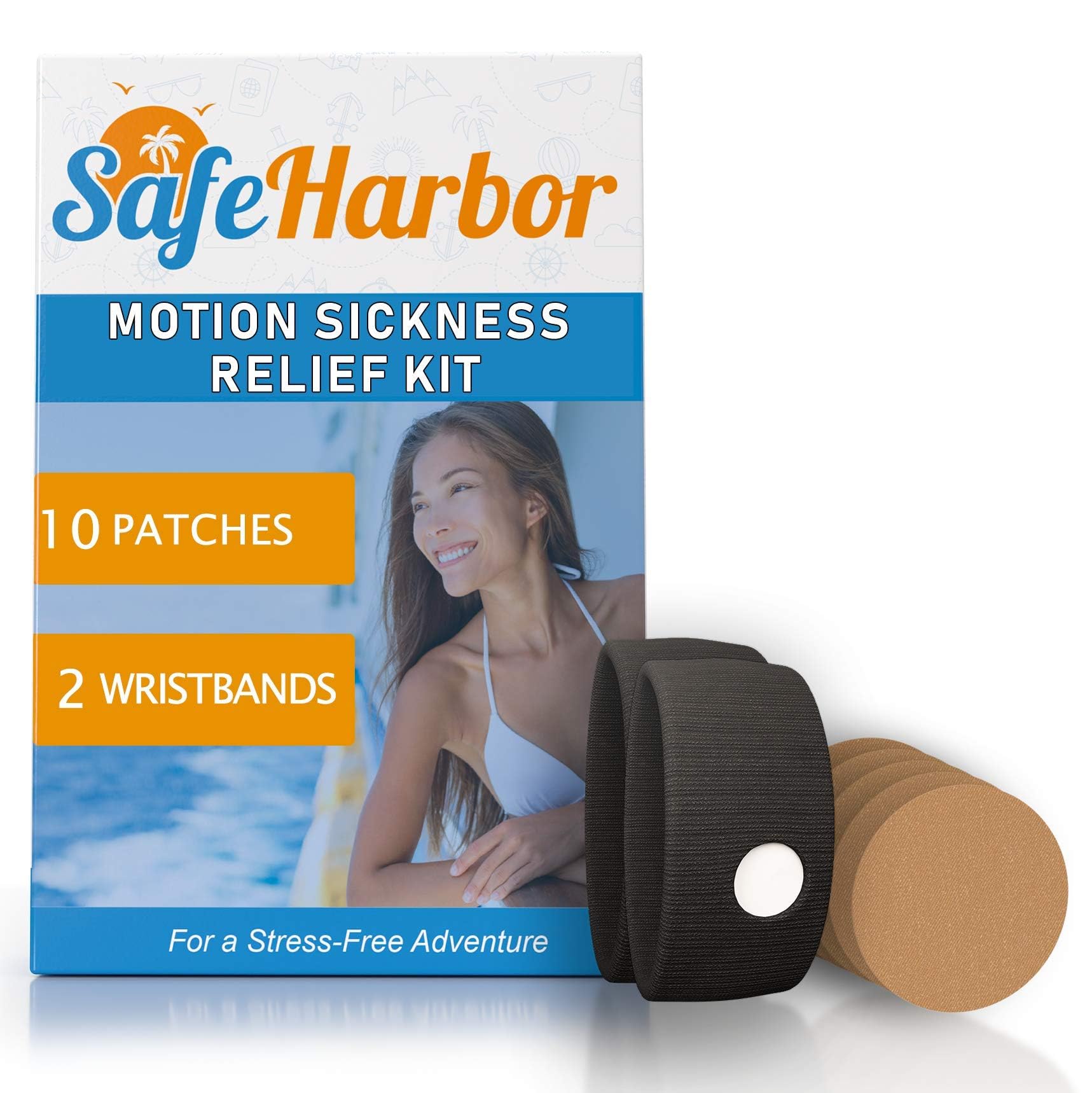 SafeHarbor Motion Sickness Relief and Anti Nausea Kit for Your Cruise Essentials | 2 Motion Sickness Bands 10 Natural + Herbal Relief Patches| Works for Children and Adults | Helpful E-Book Included