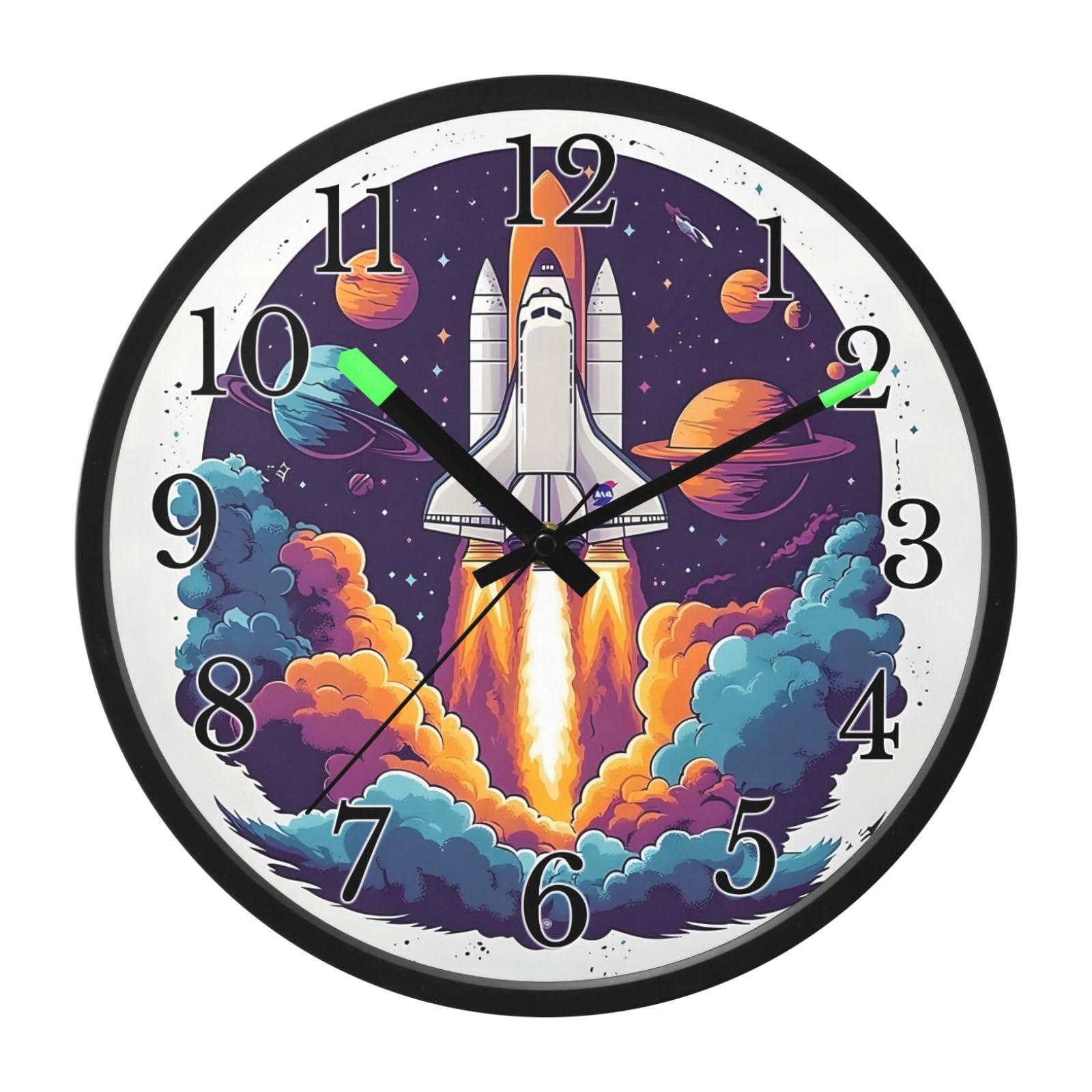 Mnsruu Reloj de pared luminoso, reloj de pared con diseño de cohete de galaxia espacial, brilla en la oscuridad, funciona con pilas, silencioso, sin tictac, luz nocturna para dormitorio