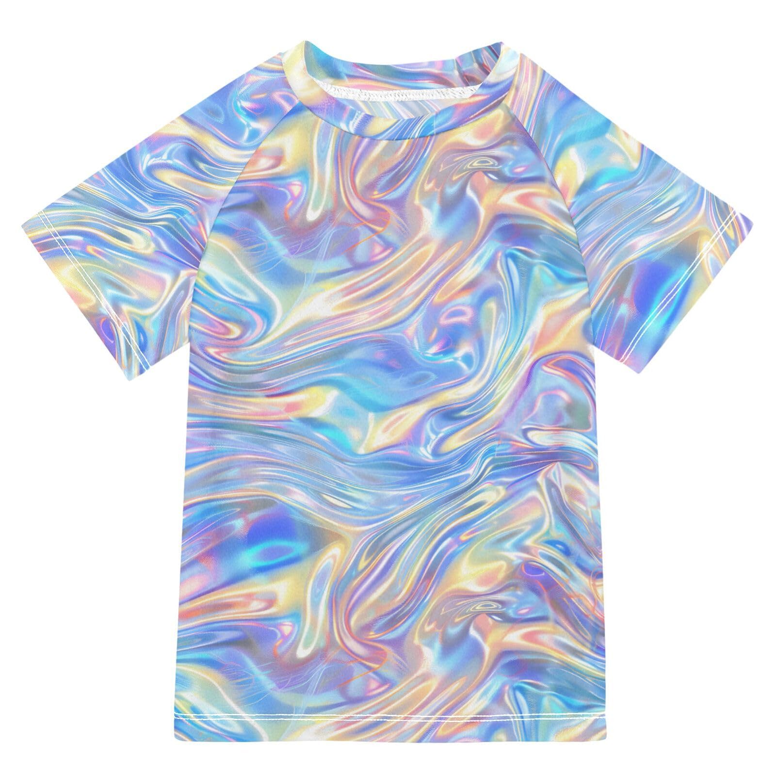 Boys Rash Guard Short Sleeve Swim Shirts for Boys Holographic Print Sun Protection 7-8T