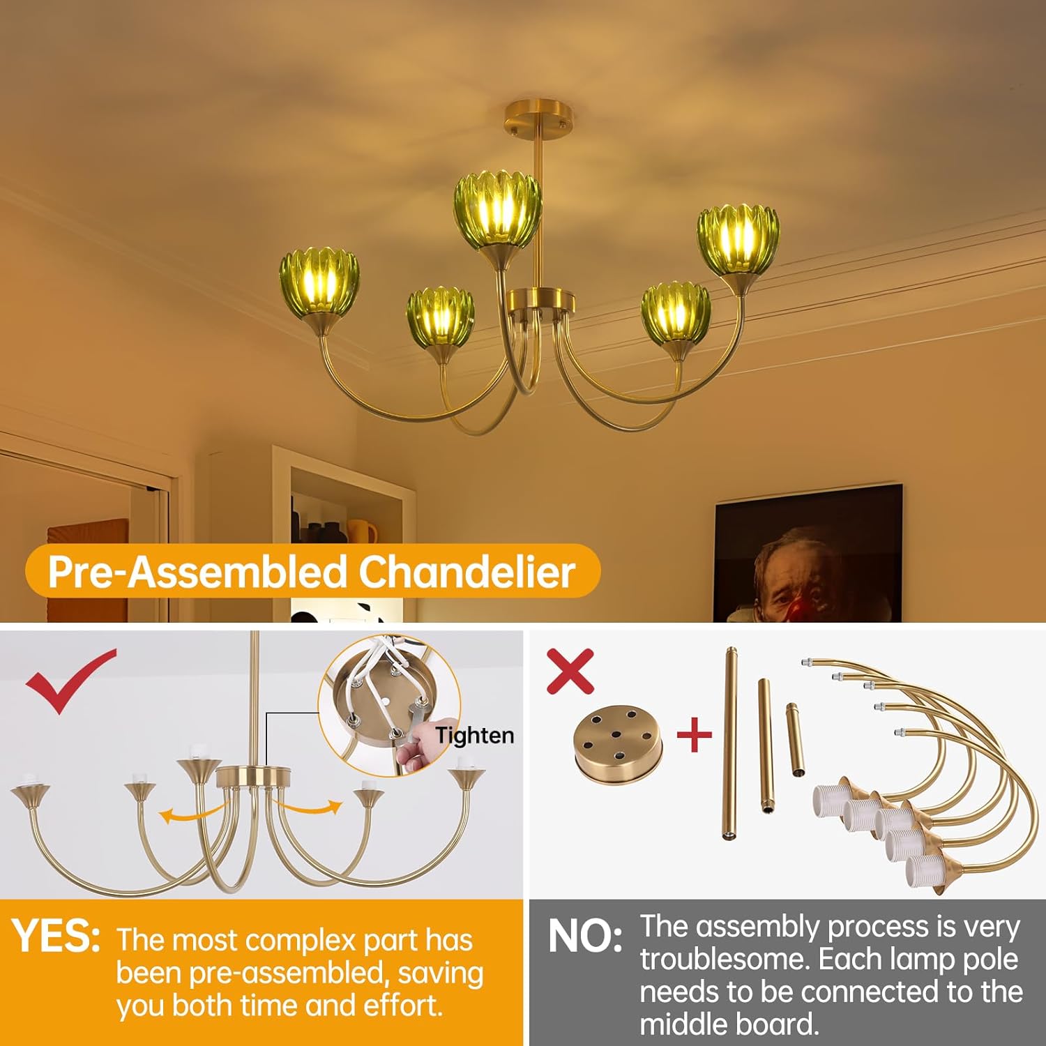 30.31" Brass Gold Chandelier, 5-Light Chandelier Light with Green Tulip Glass Lampshade, Height Adjustable Vintage Chandeliers for Dining Room Living Room Kitchen Island