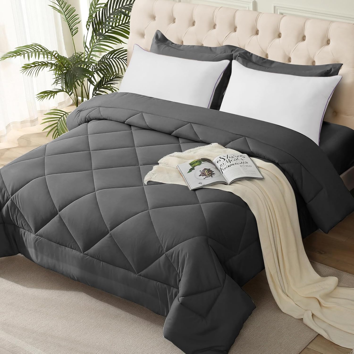 JOLLYVOGUE King Comforter Set with 2 Pillows, 5 Pieces Ultra-Soft Bedding Comforter Sets for All Season, Luxury Bed in a Bag King with Comforter, Pillow Shams and 2 Queen Pillows, Dark Gray, King