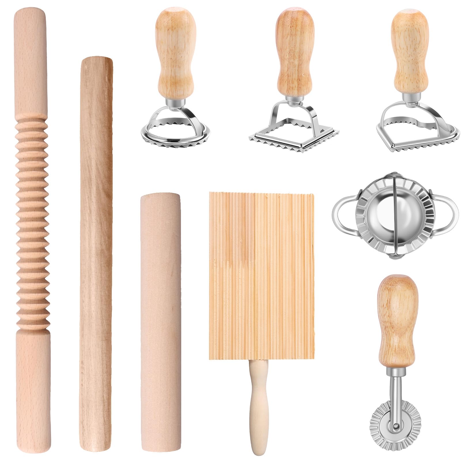 9 Pcs Pasta Making Tools Efficient Pasta Making Kit with Ravioli Stamp Cutters Rolling Pins Gnocchi Board Dough Cutter Dumpling Maker Practical Tool Set for Lovers Cooking