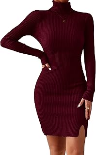 glare & blair Solid Turtle Neck Regular Fit Casual Ribbed Knit Long Sleeve Bodycon Dress for Women-picture-34