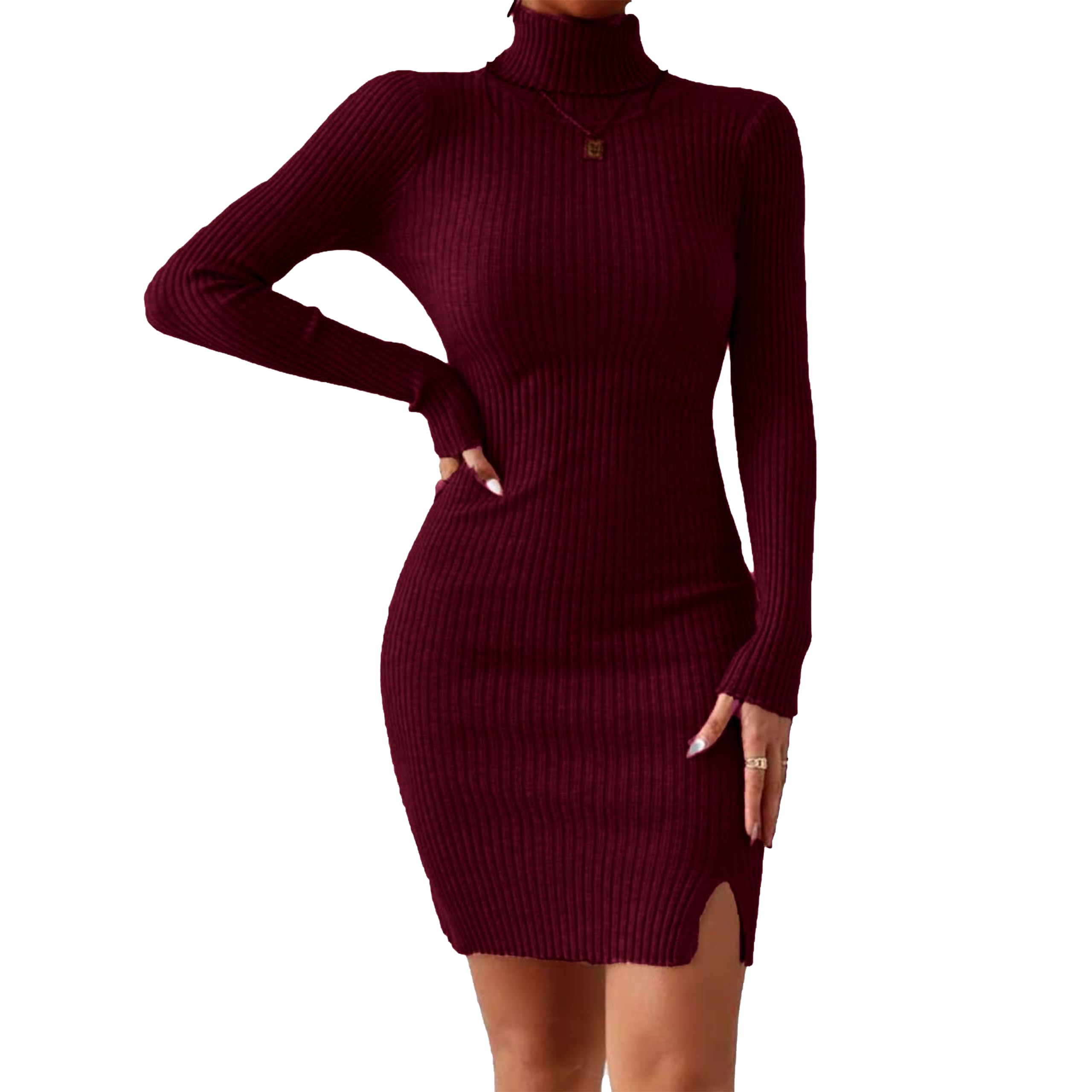 GLARE & BLAIR Solid Women Casual Turtle Neck Ribbed Knit Long Sleeve Bodycon Dress (Medium, Maroon) - Image 1