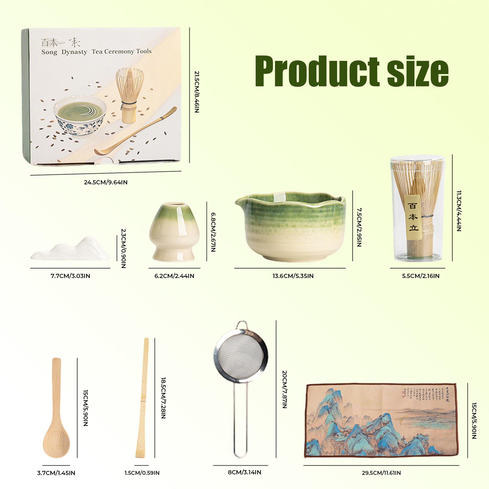 Zestaw Matcha z trzepaczką i miską, japoński zestaw do herbaty Matcha zawiera ceramiczną miskę, trzepaczkę bambusową, uchwyt, miarkę, przesiewacz i szmatkę, kompletny prezent dla początkujących