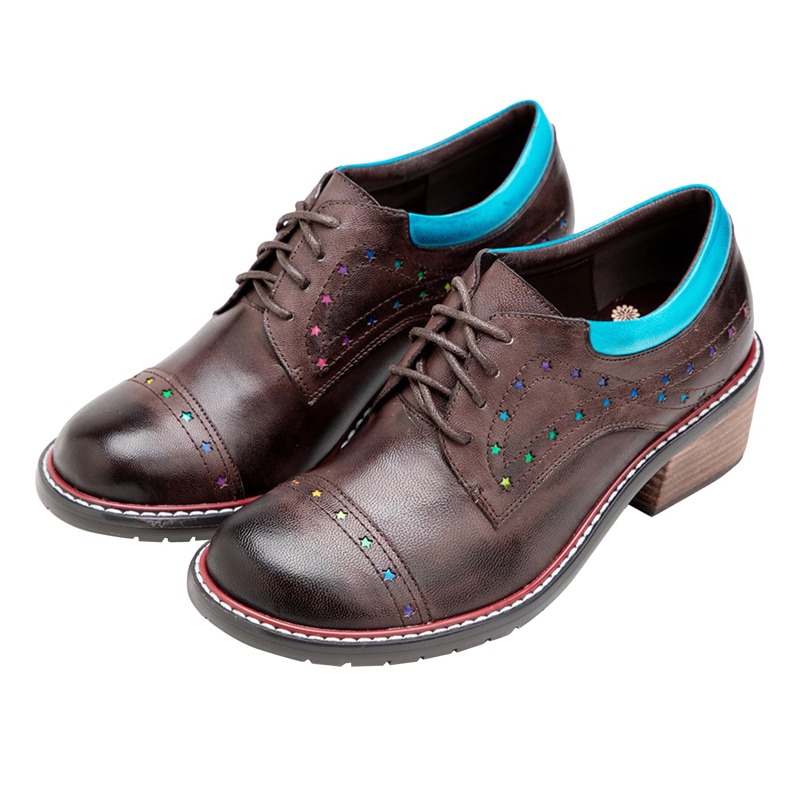 Riutiru Women's Handmade Lambskin Mary Jane Loafers Shoes, Retro Ethnic Print Style and Brock-Style Design