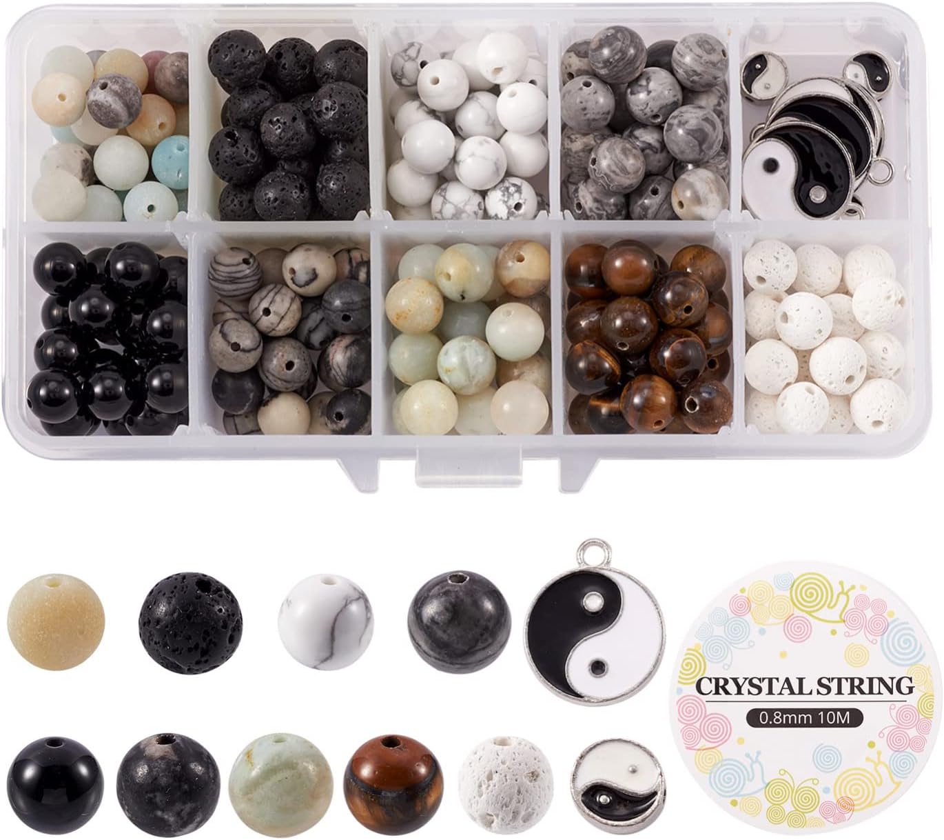 Crafans 225Pcs 8mm Natural Gemstone Beads Bracelet Making Kit, Round Stone Beads with Yin Yang Beads Charms & Elastic Crystal Thread for Lucky Bracelet Jewelry Making