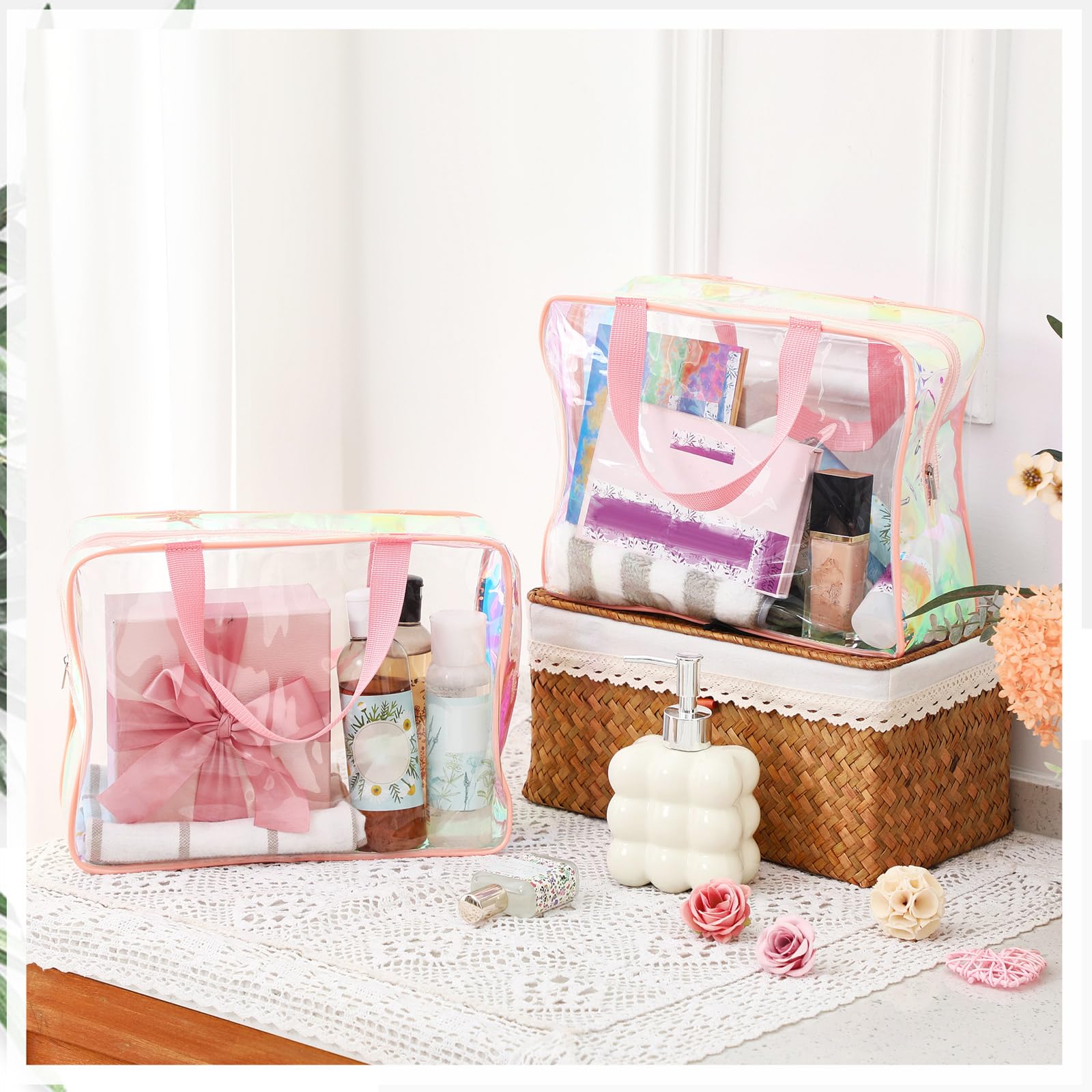 Sweetude Kulturbeutel mit Griff, groß, transparent, für Reisen, schillernd, Strand, Make-up-Tasche, PVC, transparent, für Kosmetik, Kleidung, Aufbewahrung für Damen und Herren, Pink, 12.2 x 3.94 x