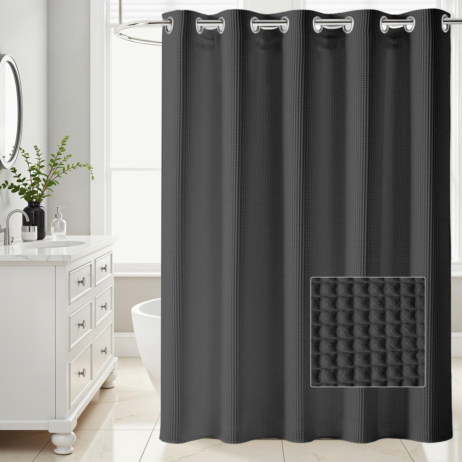 River Dream Black Waffle Weave Shower Curtain with Snap-in Liner,Cotton Blend Fabric Heavy Duty,No Hooks Needed Shower Curtain for Bathroom,Hotel