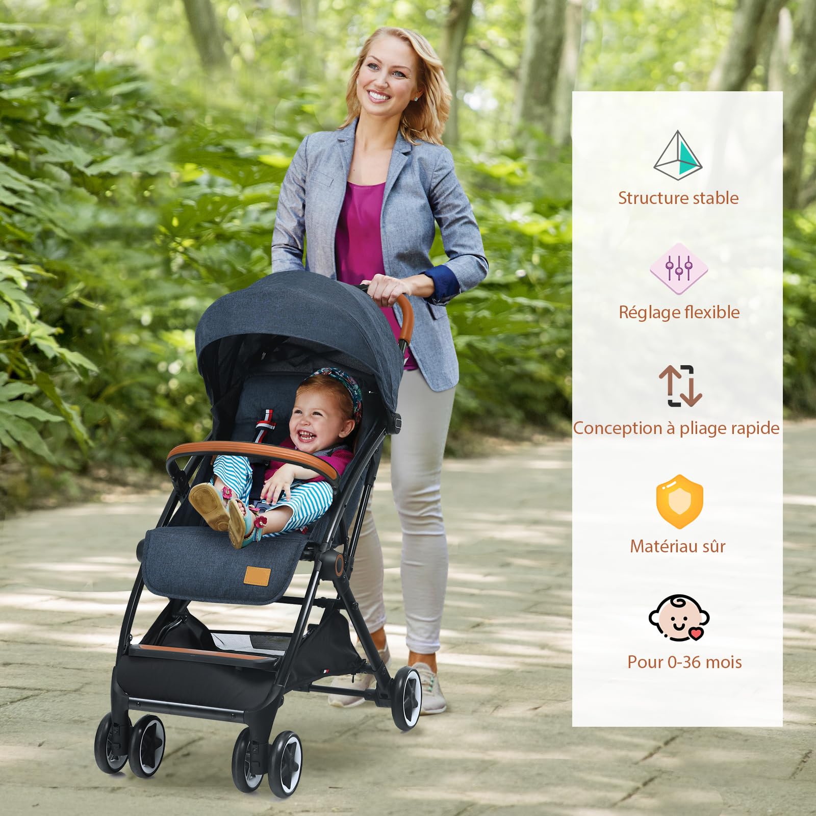 COSTWAY Poussette Canne Bébé 6-36 Mois(Charge 15 kg) avec Dossier & Repose-pieds Réglables, Pliable à une Main, Pousette Compact et Légère Voyage avec Auvent & Moustiquaire, Roues Antidérapants