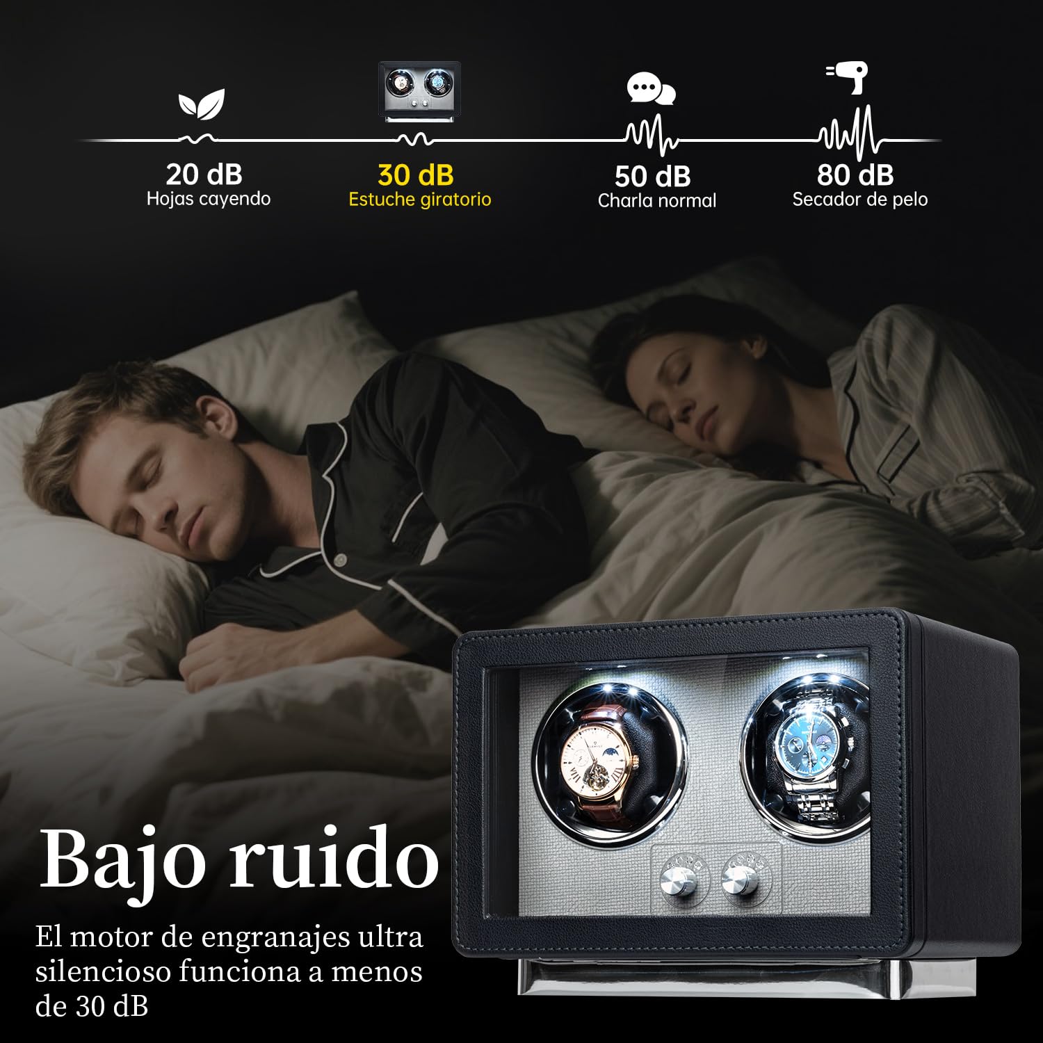 Mcbazel Enrollador de Relojes automáticos, Caja de Doble Reloj con luz LED, Motor súper silencioso, Regalo para Hombre/Mujer, Color Negro