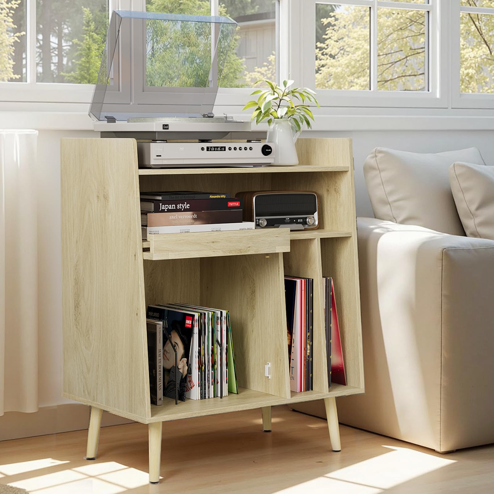 Kiasthome Schallplattenschrank, Vinyl Aufbewahrung mit Plattenspieler-Tisch für Wohnzimmer (Hellholz Rattan - Hoch)