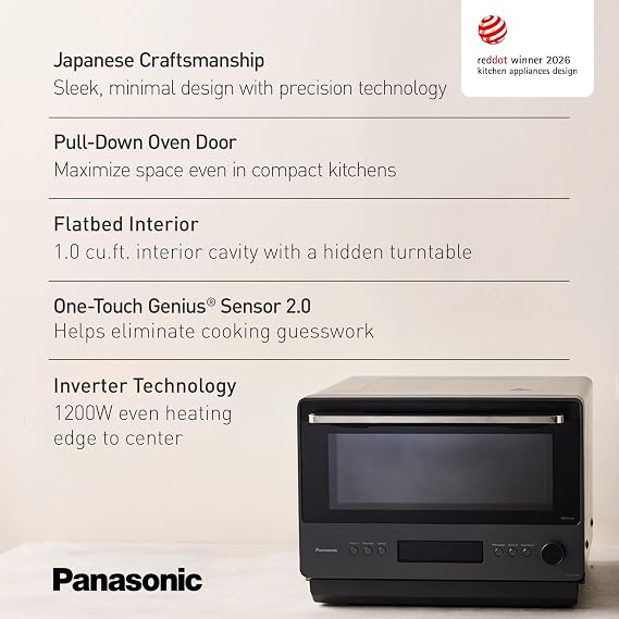 Panasonic Japanese Microwave, 1.0 cu. ft. 1200W Clean Design Flatbed Countertop Microwave Oven with Genius Sensor 2.0 One-Touch Cooking and Reheating, Inverter Technology, Auto Defrost NN-SF57RM