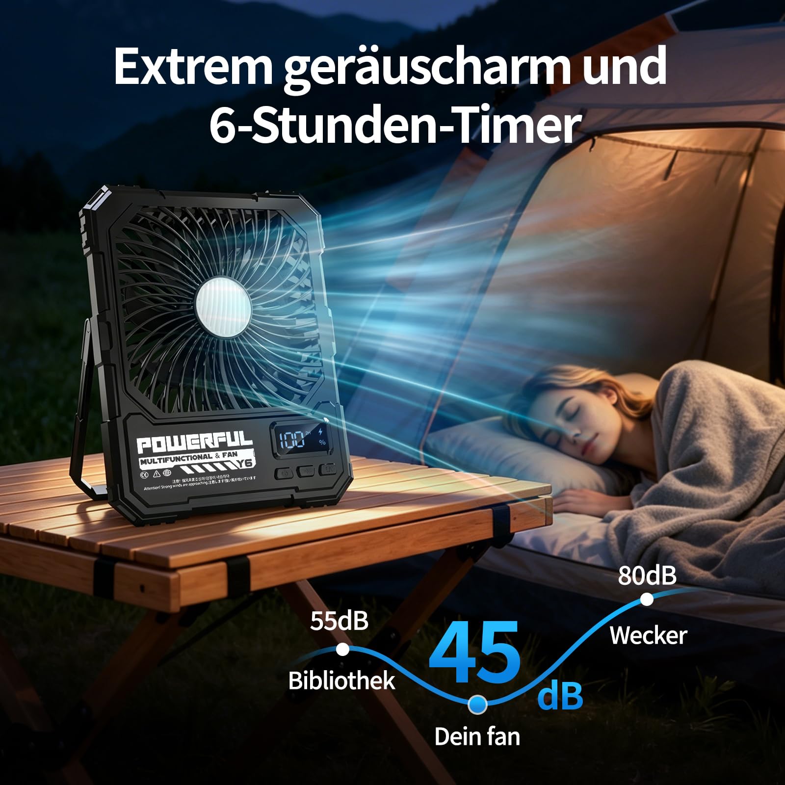 yAyusi 20000mAh Akku Ventilator Camping mit Lampe,Tragbarer Reise Ventilator mit Fernbedienung Timer Ultra-Leise Ultraflach 5 Stufen 17-82 Std Laufzeit, USB Tischventilator für Outdoor/Zelt/Haus