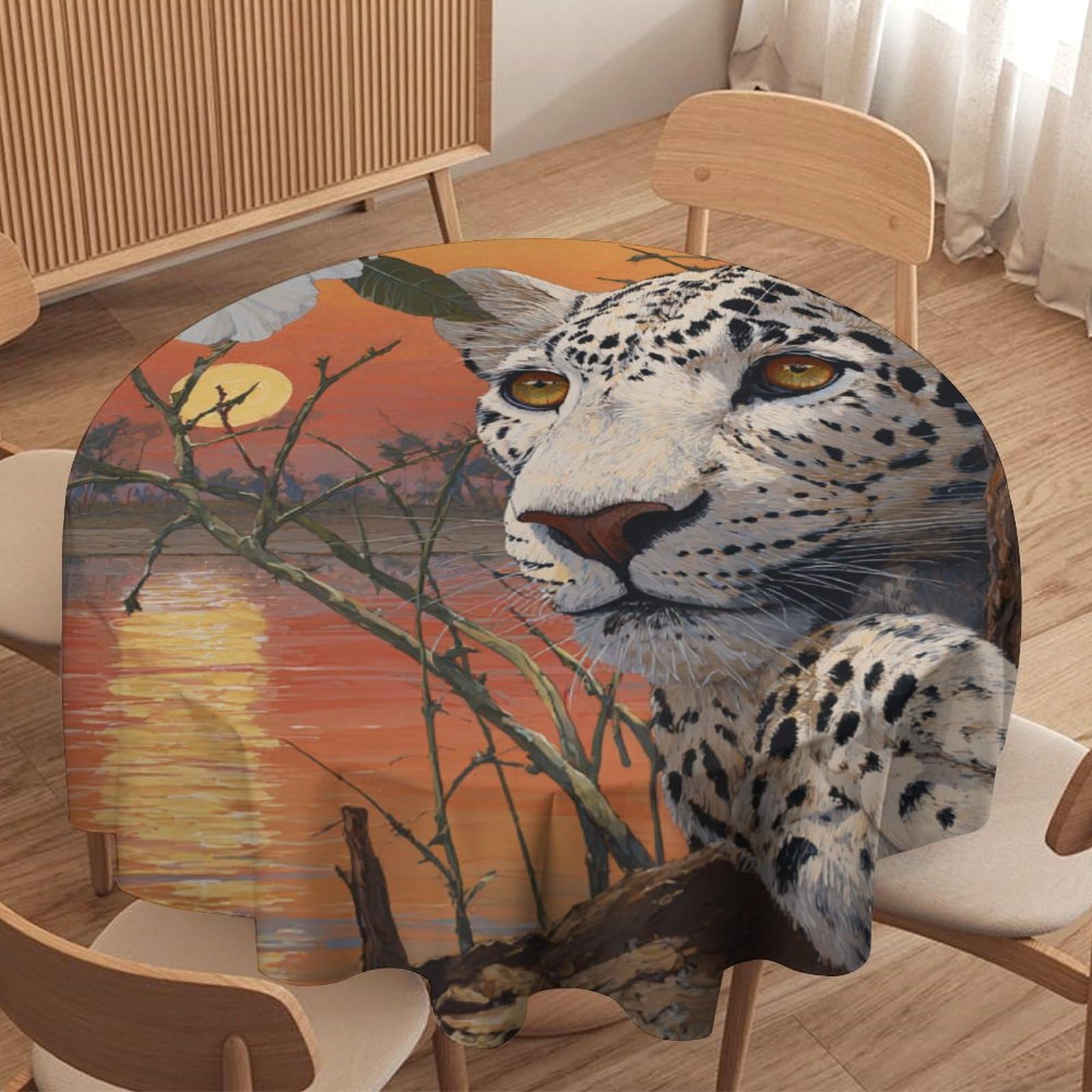 LUYYSKY Colorful Abstract Elegant Leopard Waterproof Round Tablecloth Beautiful Rustic Sunset Animals Cheetah Plants Magnolia Floral Washable Table Cover for Kitchen-127 Wx127 L cm