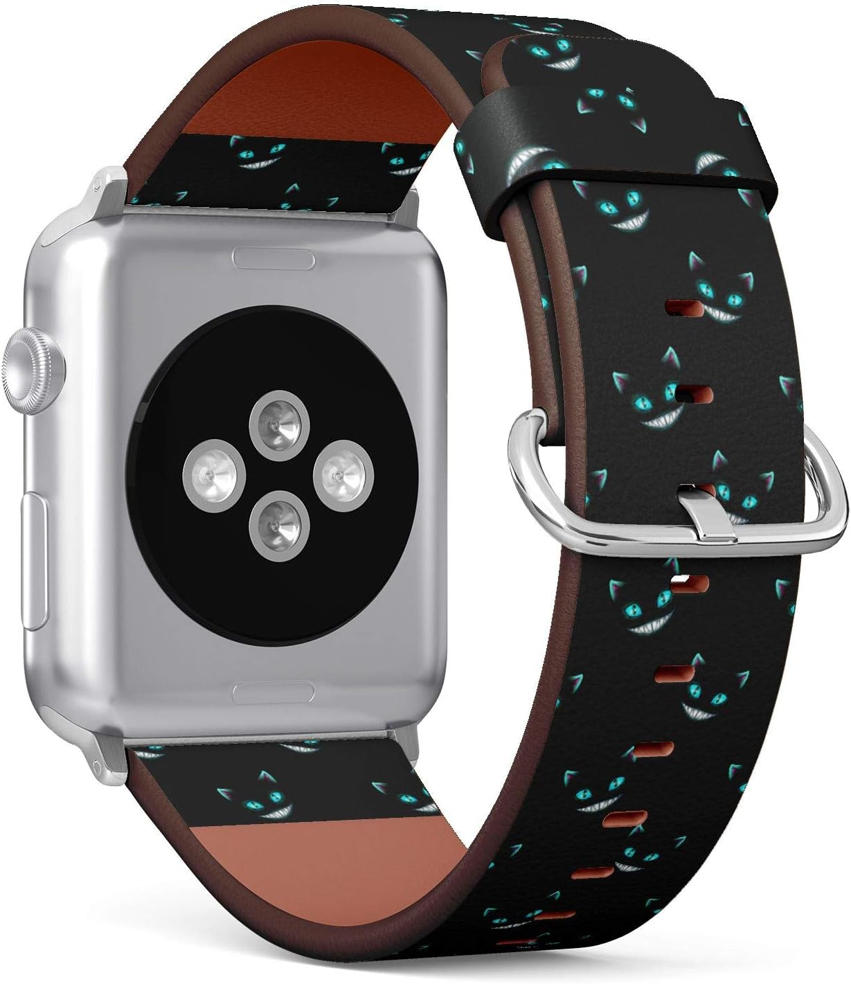 (Disappearing Cheshire Cat Faces on Black Background) Patterned Leather Wristband Strap for Apple Watch Series 4/3/2/1 gen,Replacement for iWatch 42mm / 44mm Bands