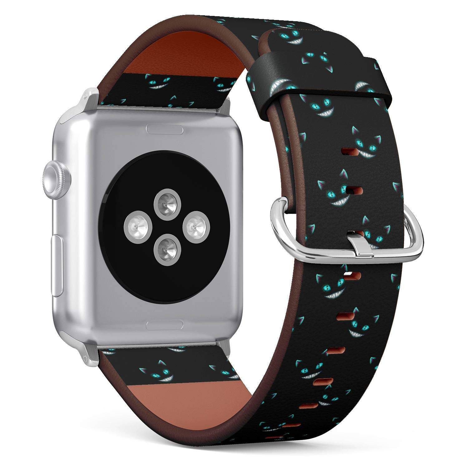 (Disappearing Cheshire Cat Faces on Black Background) Patterned Leather Wristband Strap for Apple Watch Series 4/3/2/1 gen,Replacement for iWatch 42mm / 44mm Bands