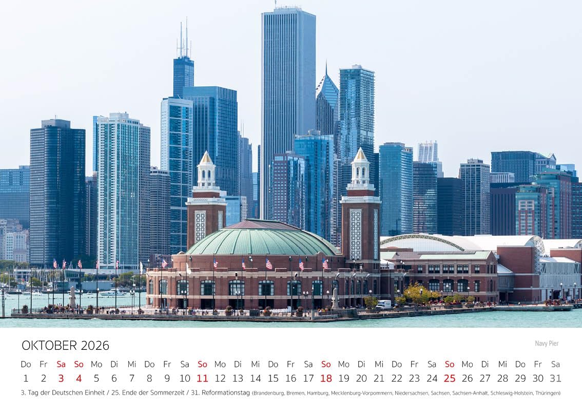 Calendrier Mural Chicago 2026 - Format A4, Papier 170 G/m², Spirale Argent | Décoration Bureau Avec Photos De La Ville