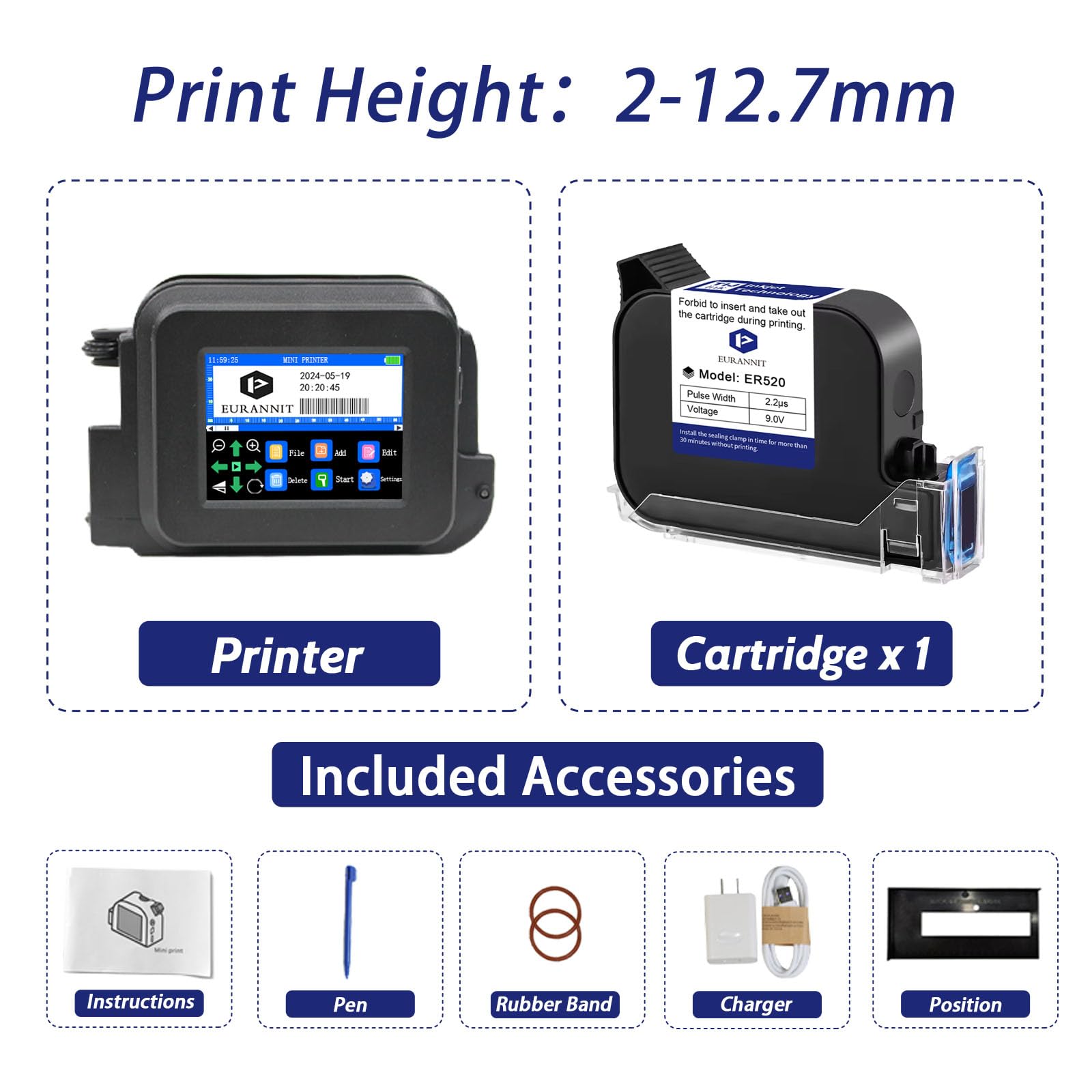 Imprimante àJet d’Encre Portative XMINI 12,7 mm, Mini imprimante de Codage pour Codage de Texte, QR Code, numéro de lot, Logo, Date – Encre séchage Rapide 42 ML, Noir