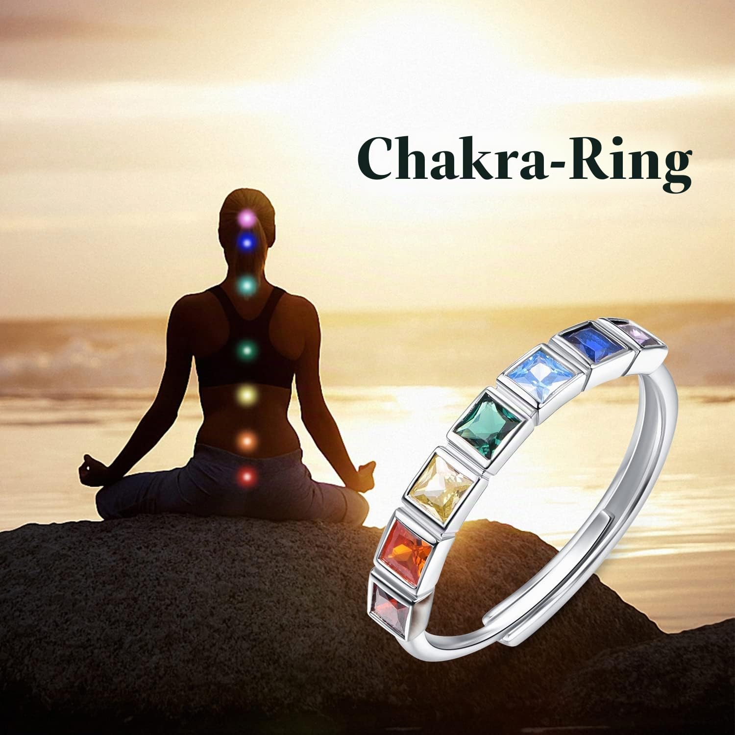 KINGWHYTE Chakra Ring für Frauen 925 Sterling Silber Verstellbare Ringe Heilender Schmuck Chakra-Geschenke für Mama Tochter Yoga-Liebhaber