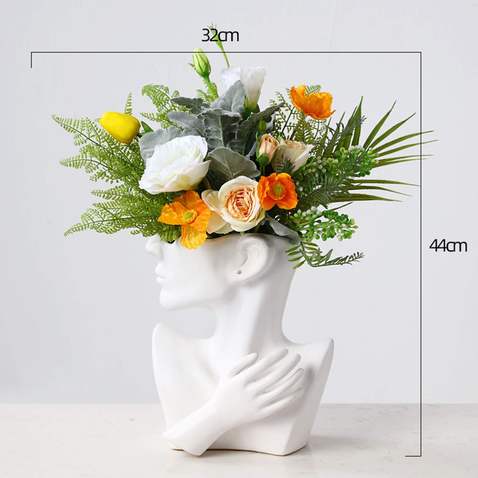 Fiori Artificiali con Vaso Fiori di Seta Finti in Vaso di Ceramica con Decorazione di Fiori Volti Umani per La Festa in Ufficio Tavolo di Casa(A)