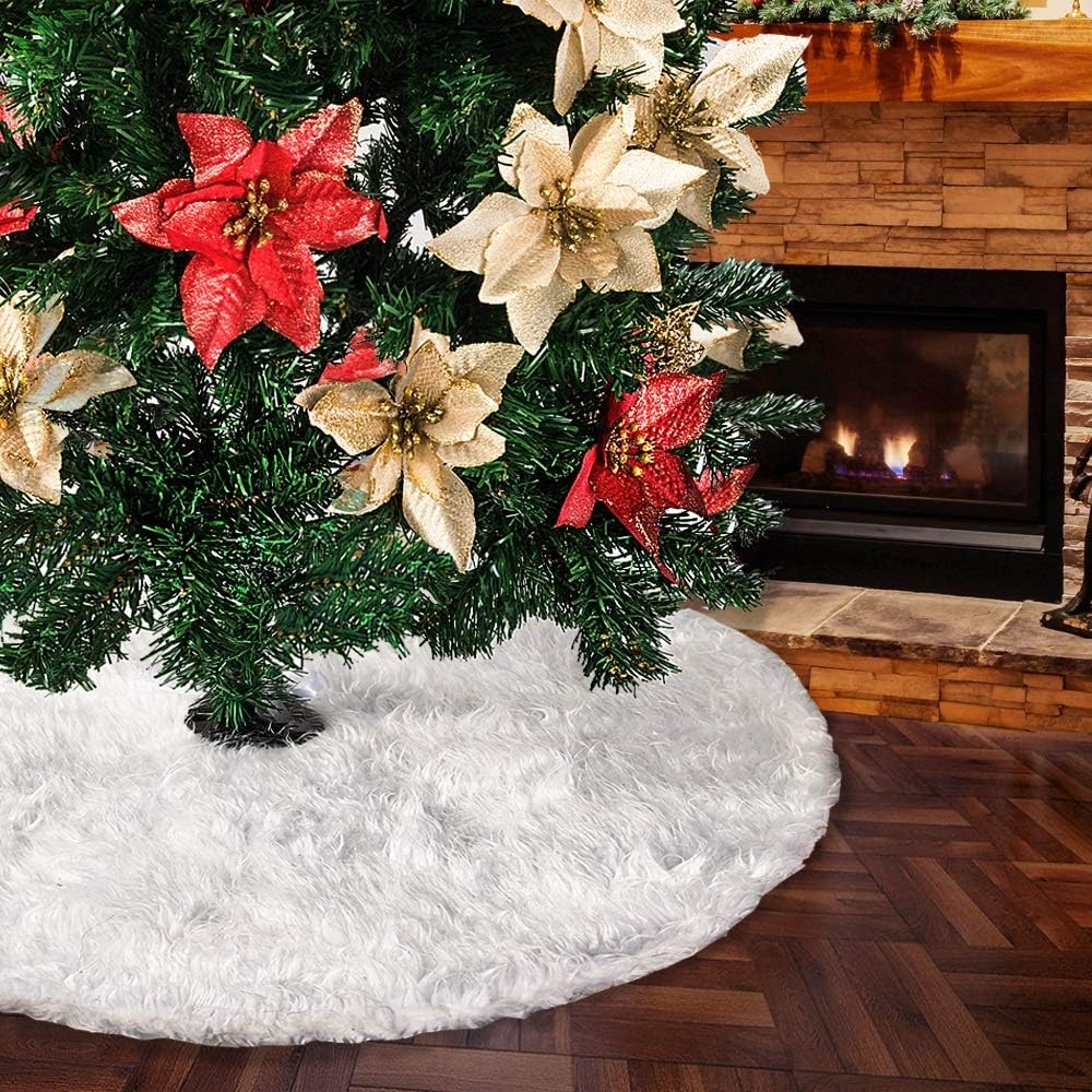 HOLICOLOR 1pack 140cm White Christmas Tree Skirt and 20pcs Glitter Gold Poinsettia Christmas Tree Ornaments for Christmas Tree Decoration (Gold and Red)