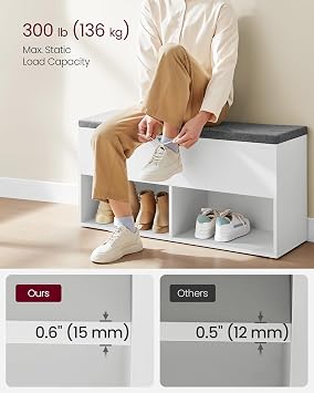 VASAGLE Shoe Storage Bench with Cushion, 2 Open and 1 Hidden Compartments