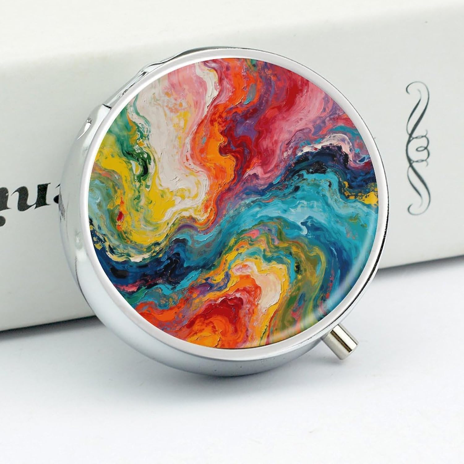 Round Daily Colorful Fluid Arts Pill Case with 3 Compartment & Mirror image 4