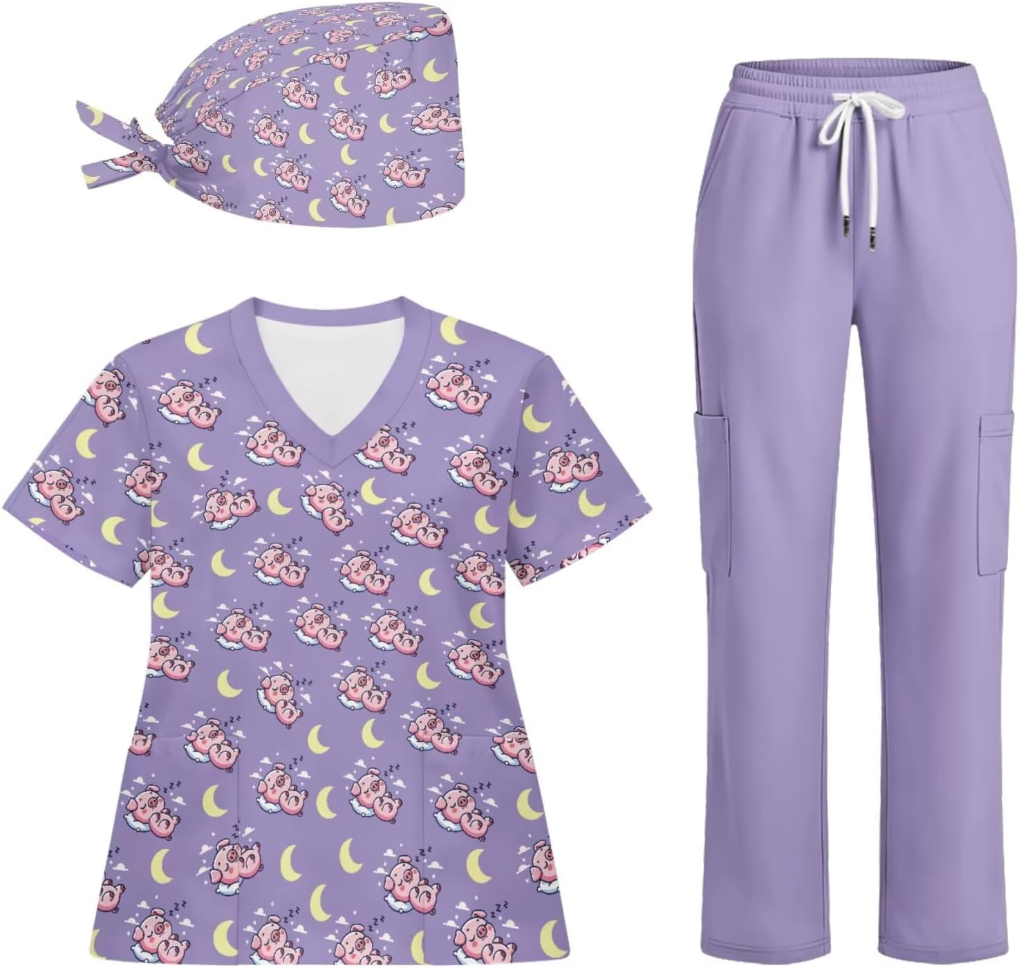 Women's 3Pcs Scrubs Set with Work Cap Print Medical Uniform V Neck Top and Straight Jogger Pants with Six Pockets