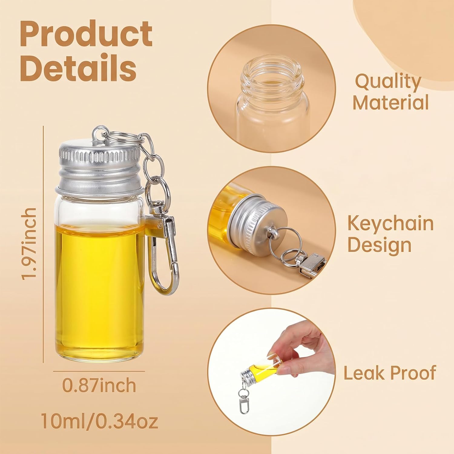 36 Pcs Glass Bottle Keychain 10ml/0.34oz Mini Seasoning Bottles Keychain with Aluminum Lid Tiny Clear Vials for DIY Wedding Favors Home Crafts Travel Gifts
