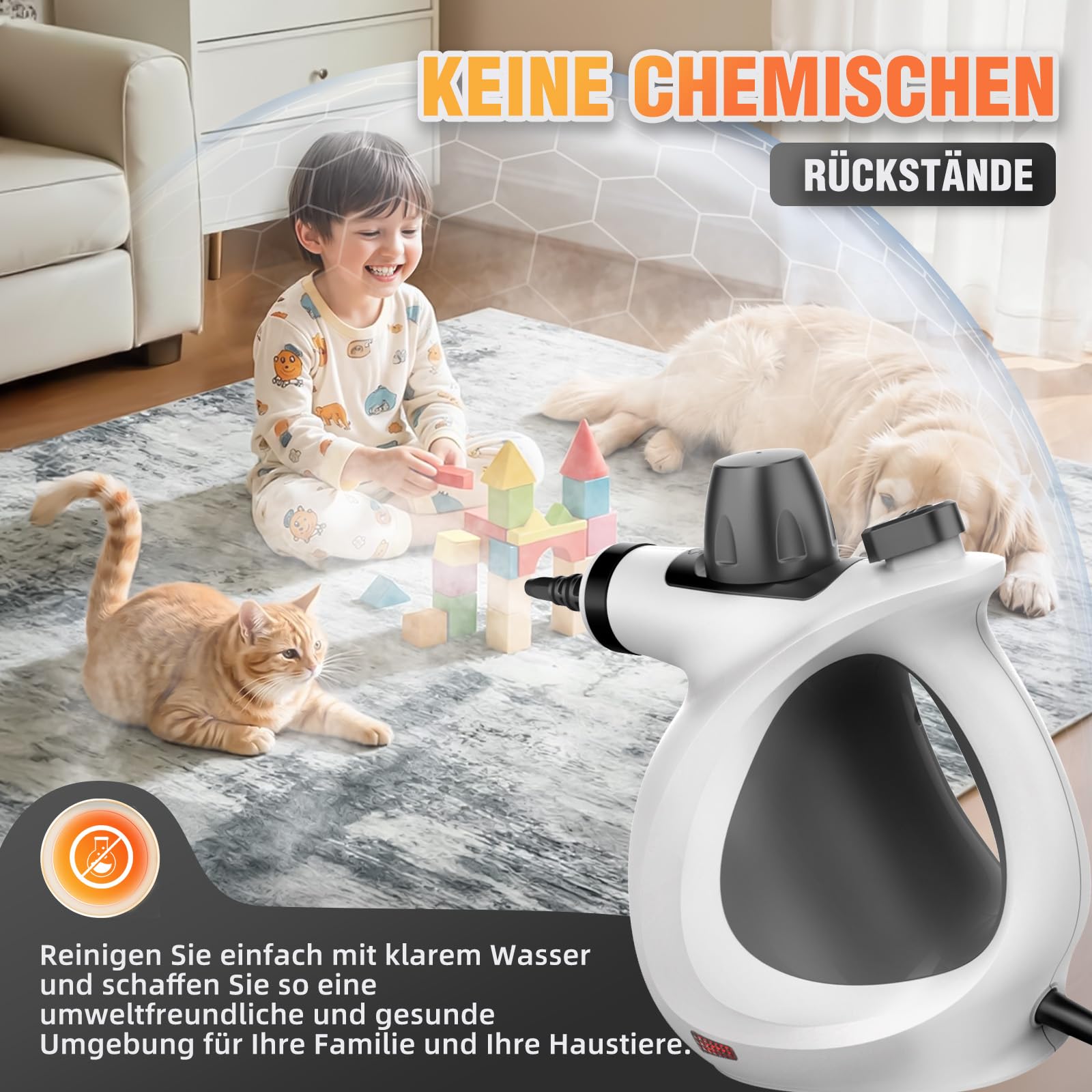 Limpiador a Vapor Portátil, 100% sin Químicos, Vapor a Alta Presión Elimina Eficazmente Polvo, Suciedad y Grasa, Vaporeta Limpieza Hogar 1050W 3bar para Cocina, Baño, Coche, Ventanas y Juntas - 3