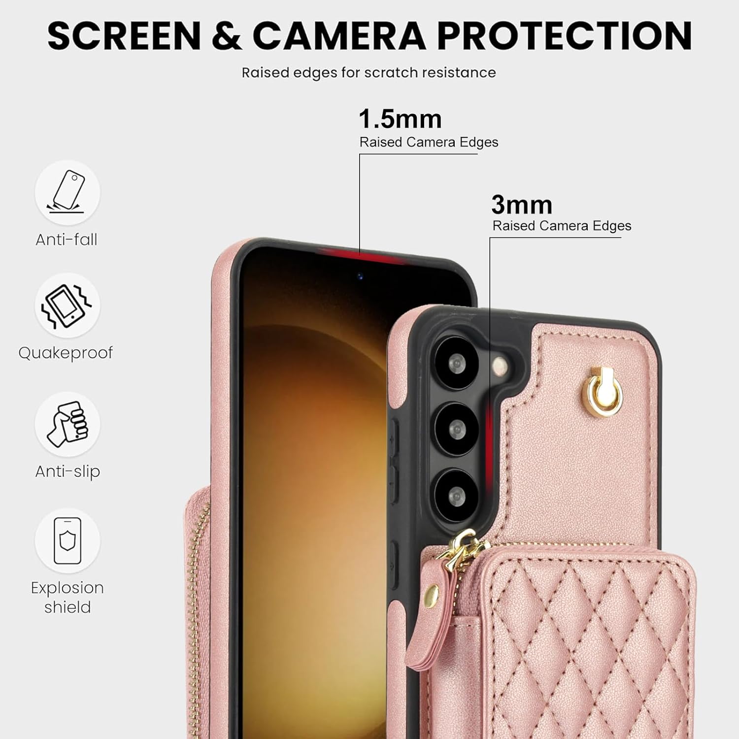 Phone Case for Samsung Galaxy S23 5G Wallet Cell Cover with Tempered Glass Screen Protector Wrist Crossbody Strap RFID Blocking Card Holder TPU S 23 23S GS23 G5 SM-S911U 6.1 inch Women Girls Rose Gold