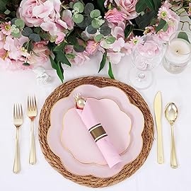 Supernal Gold Plastic Silverware Set with Pre Rolled Pink Napkin-Disposable Cutlery with Pink Linen Napkin Gold, Wrapped Plastic Silverware Heavy Duty Suit for Birthdays, Parties, Weddings 30Packs