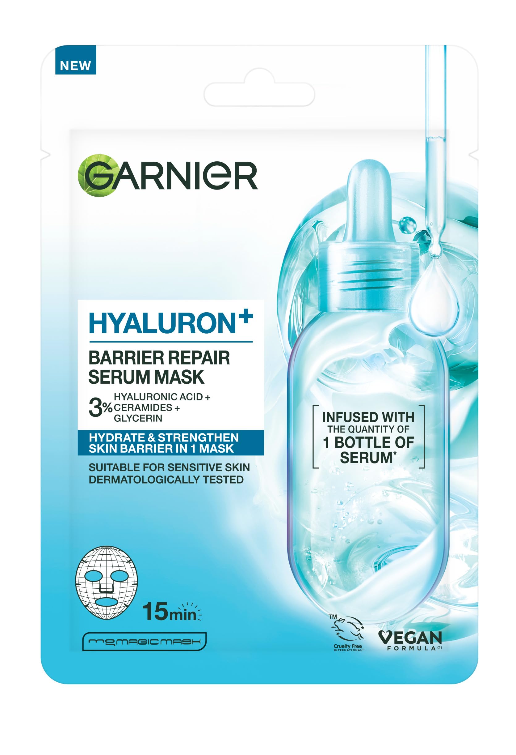 Garnier Hyaluron+ Barrier Repair Serum Mask, Hydrates & Repairs with Hyaluronic Acid & Ceramides, Intense Hydration, Skin Barrier Strengthening, For Sensitive Skin, Vegan Tissue Mask